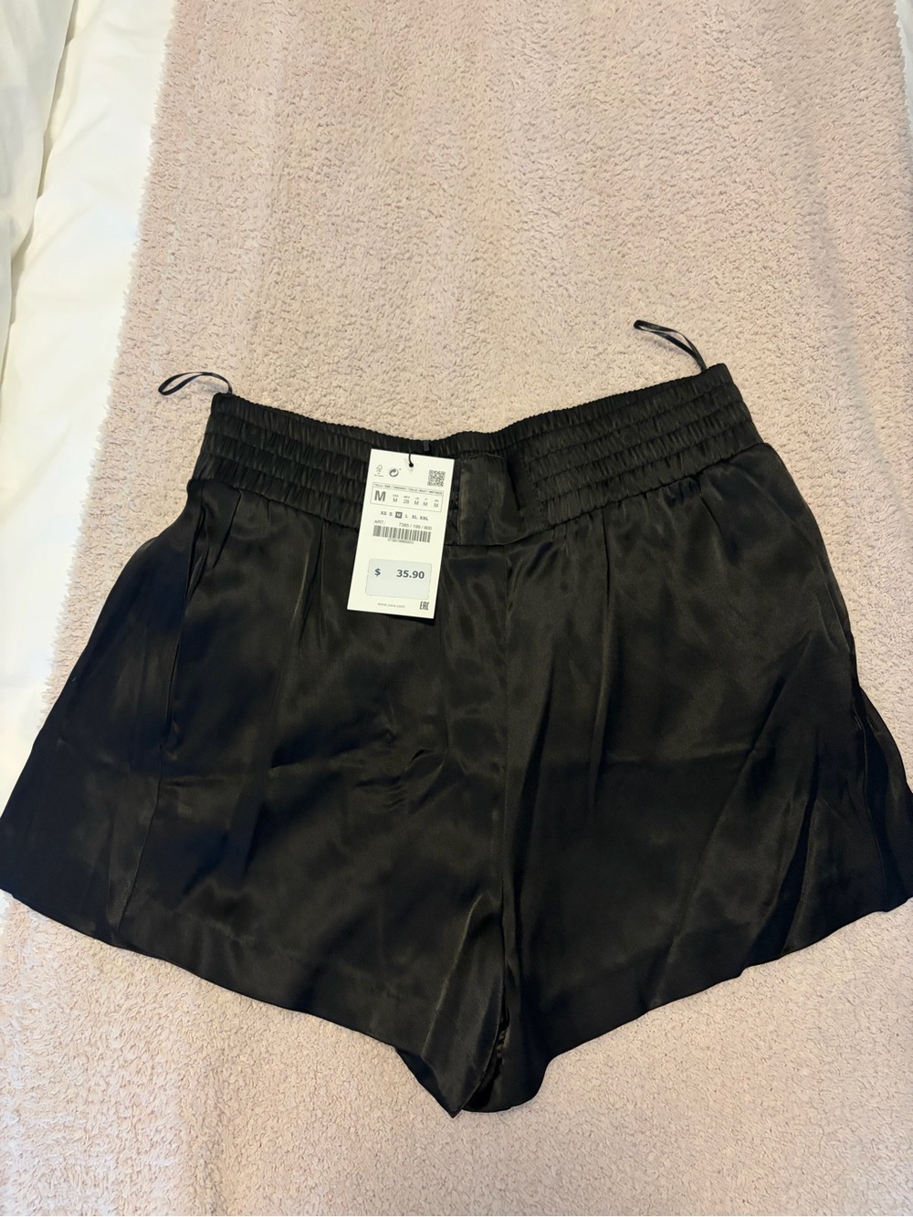 Zara Black Satin High-Waist Elastic Shorts